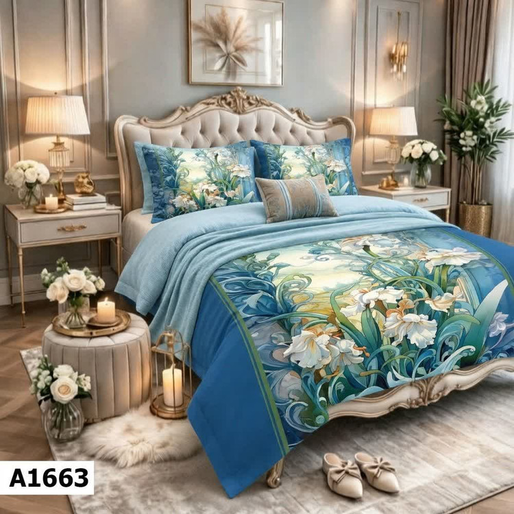 روتختی لاکچری پینترستی چاپی ساده طرح گل زمینه آبی جنس نخ میکروتنسل