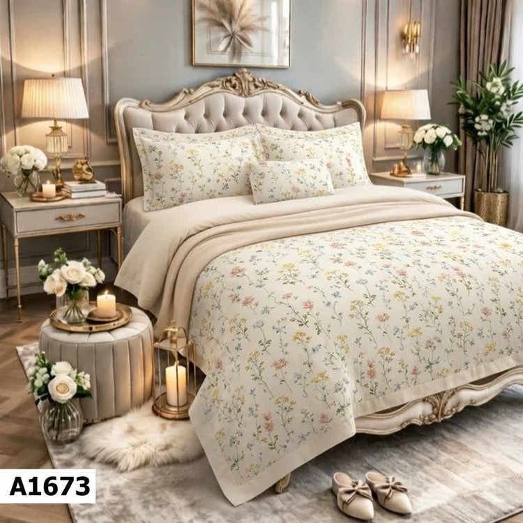 روتختی لاکچری پینترستی چاپی ساده طرح گل زمینه کرم جنس نخ میکروتنسل