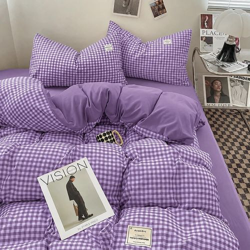 روتختی لاکچری پینترستی چاپی ساده طرح چهارخونه اسپرت رنگ بنفش روشن جنس نخ میکروتنسل